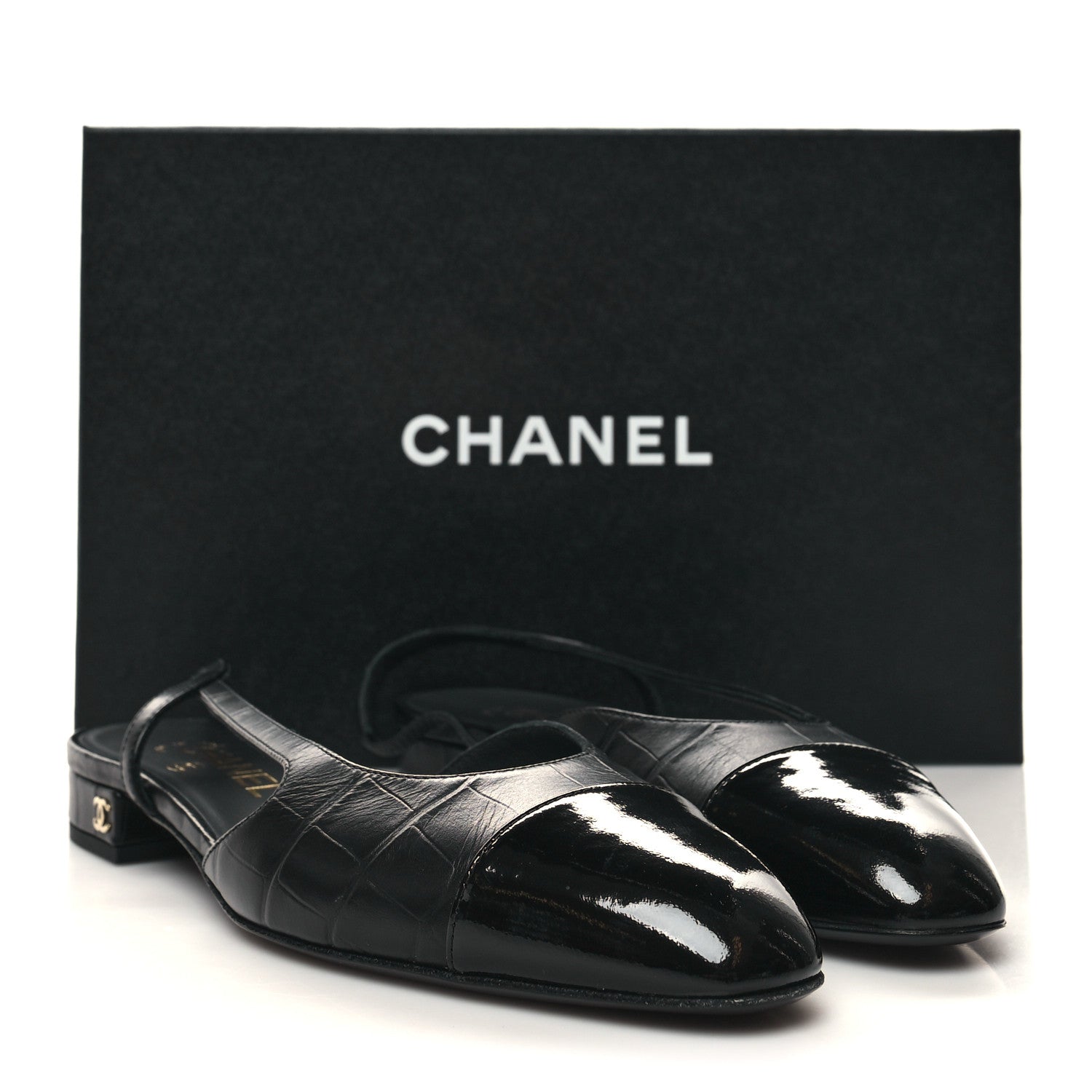 Chanel Calfskin Crocodile Embossed Patent Cap Toe CC Slingback Flats 38 Black 9 of 9