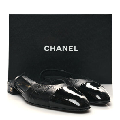 Chanel Calfskin Crocodile Embossed Patent Cap Toe CC Slingback Flats 38 Black 9 of 9