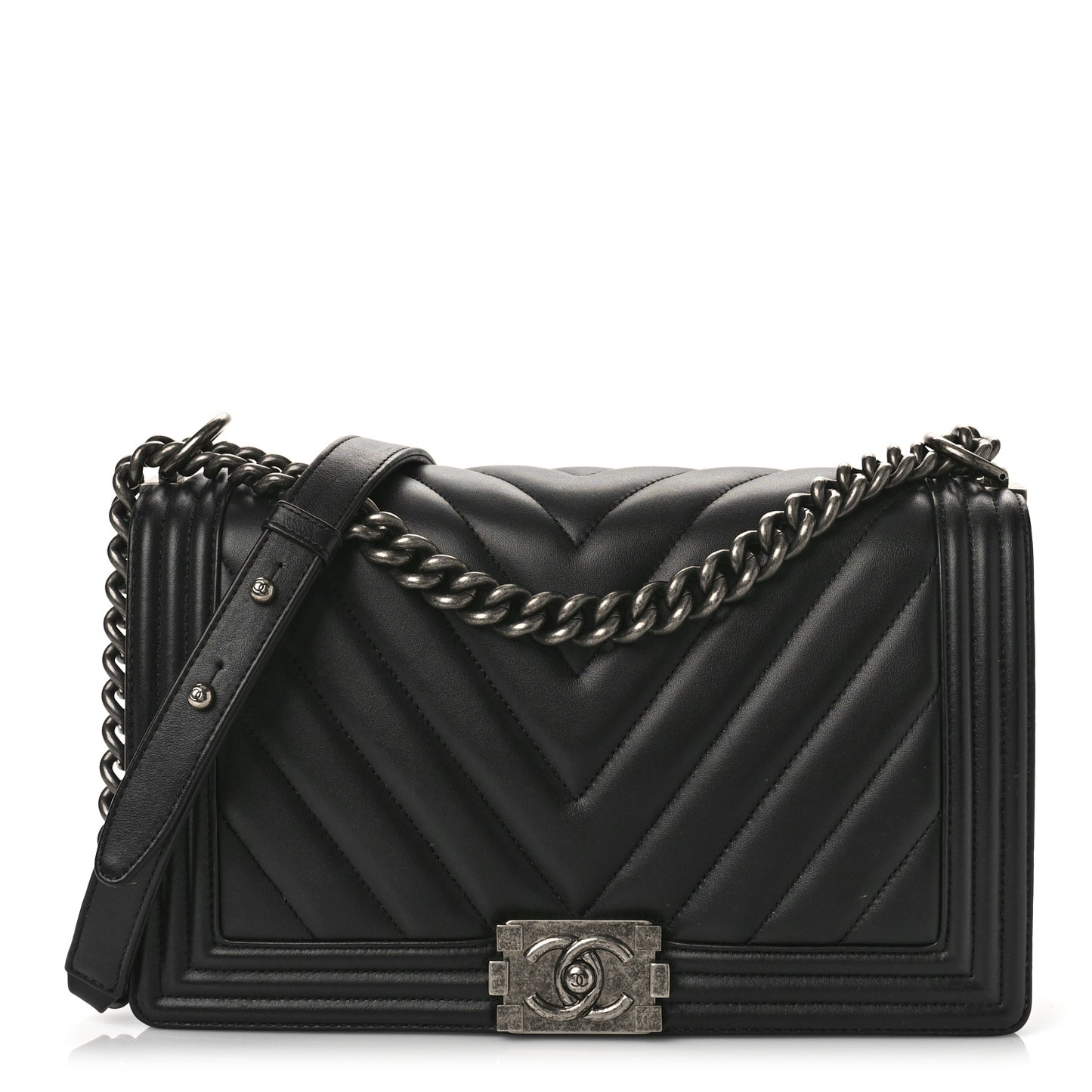 Calfskin Chevron Quilted Medium Boy Flap Black
