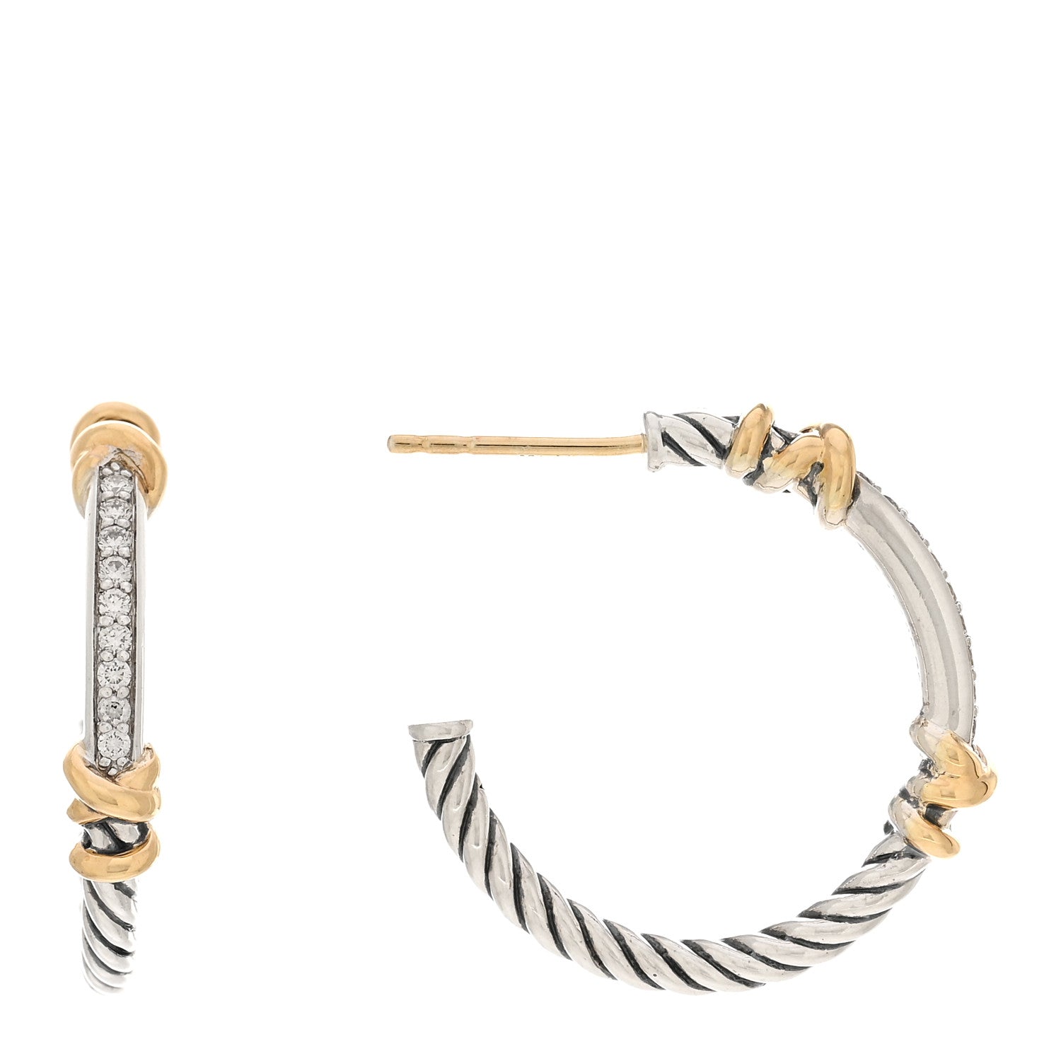 David Yurman Sterling Silver 18K Yellow Gold Diamond Petite Helena Wrap Hoop Earrings 1 of 4