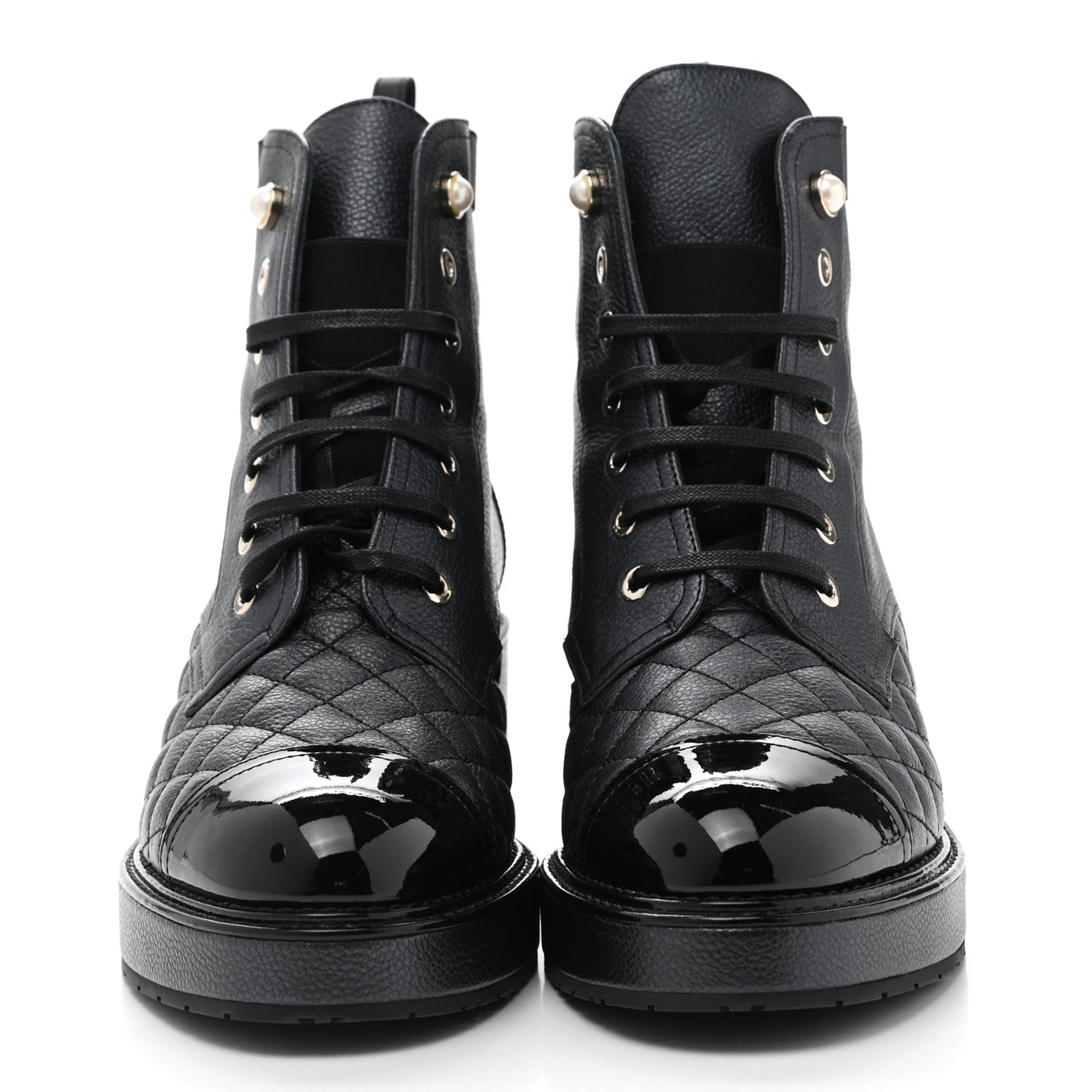 Pearly Calfskin Patent Calfskin Lace Up Combat Boots 40 Black