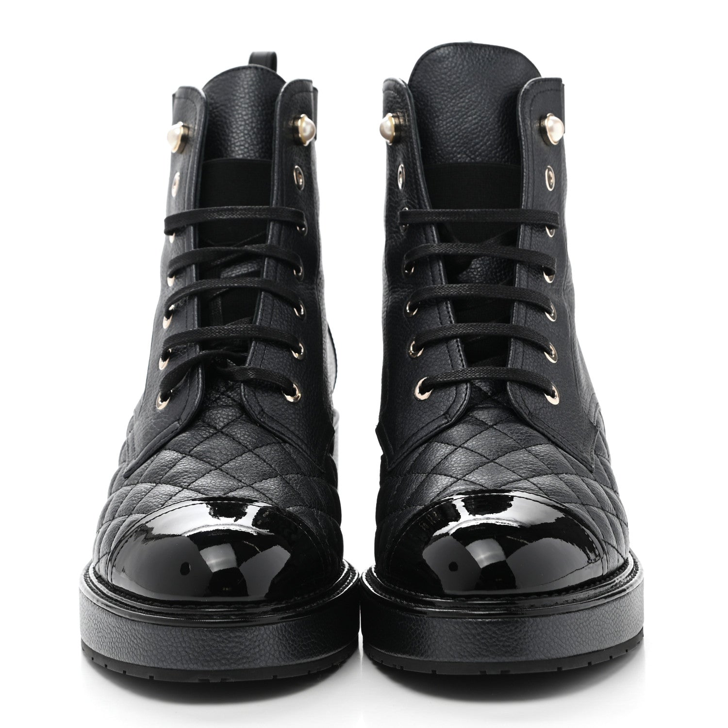 Chanel Pearly Calfskin Patent Calfskin Lace Up Combat Boots 40 Black 2 of 9