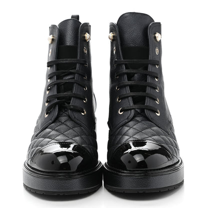 Chanel Pearly Calfskin Patent Calfskin Lace Up Combat Boots 40 Black 2 of 9