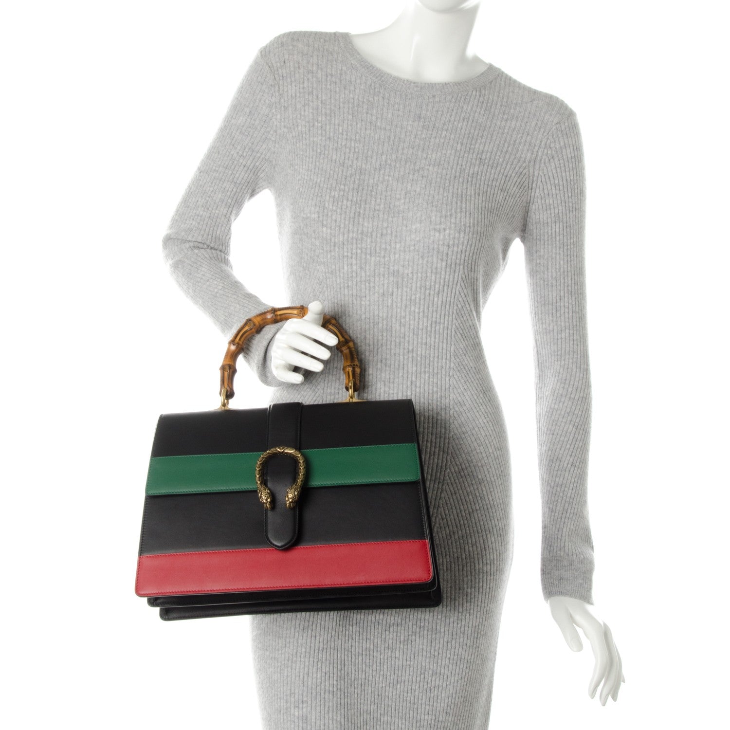 Gucci Calfskin Bamboo Web Large Dionysus Top Handle Bag Black Bright Evergreen Hibiscus Red 2 of 9