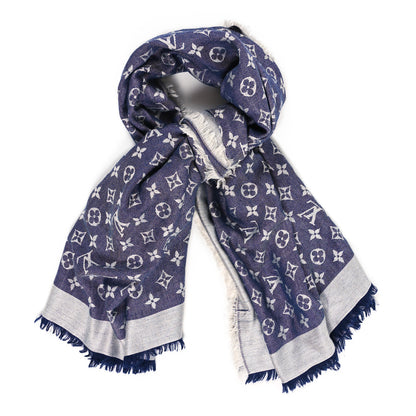 Louis Vuitton Silk Wool Monogram Denim Shawl Blue 2 of 4