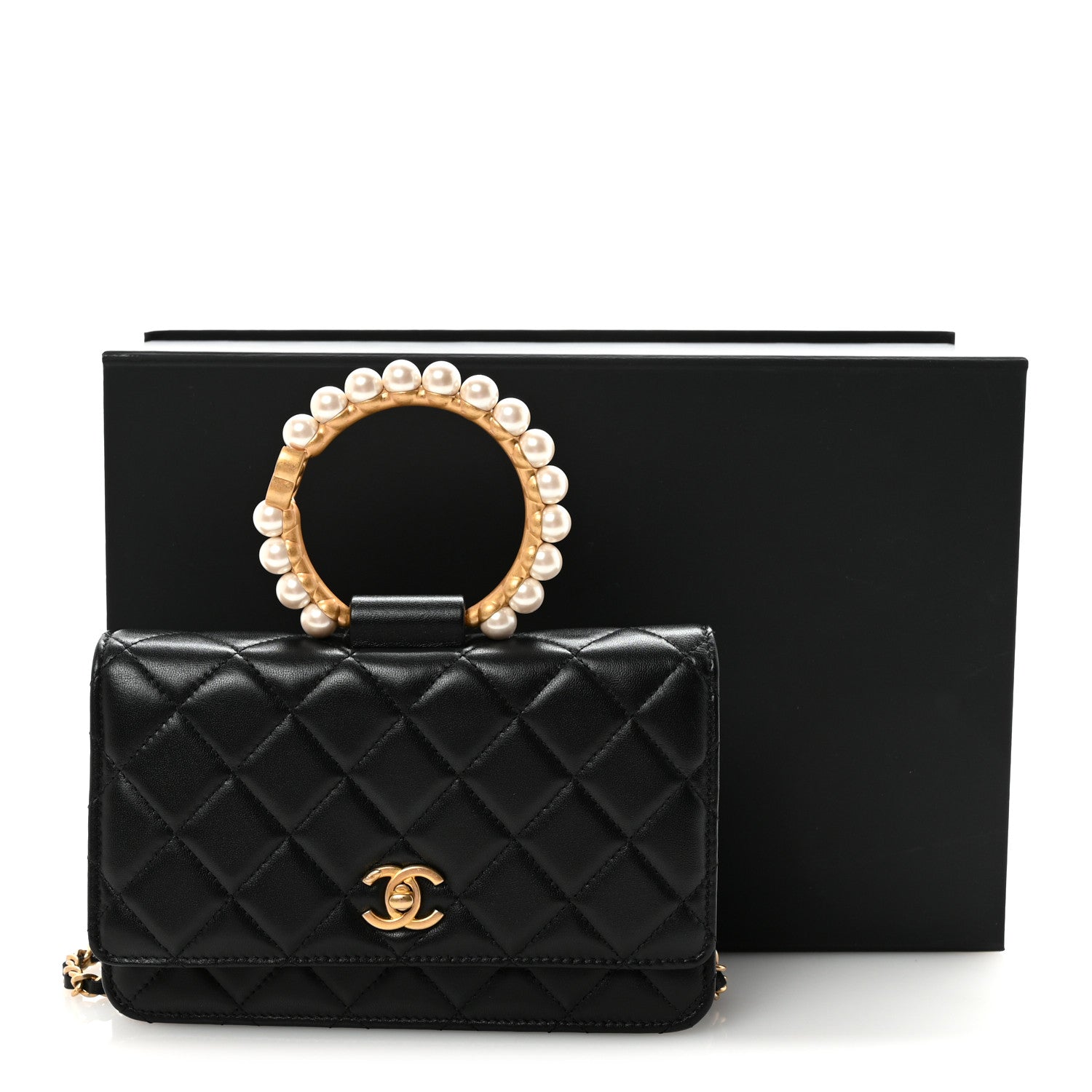 Chanel Lambskin Quilted Pearl Crown Wallet On Chain WOC Black 12 of 12