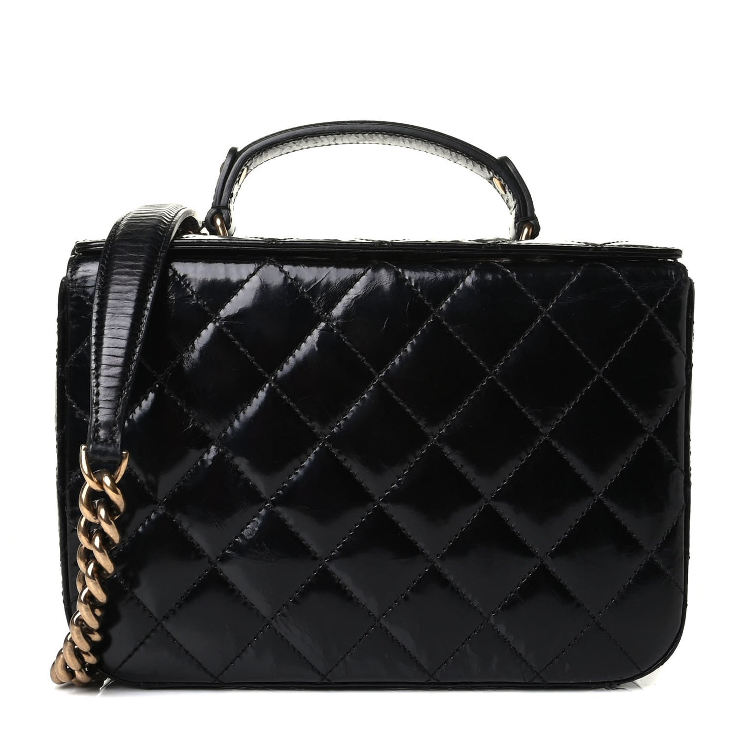 Glazed Calfskin Quilted Cosmetic Top Handle Case Black
