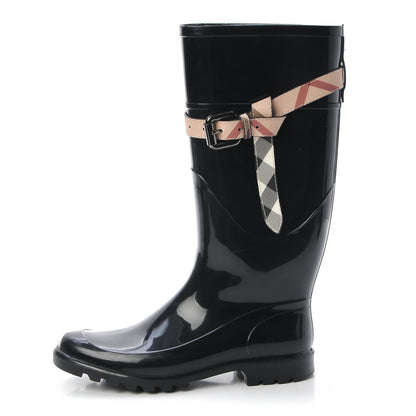 Burberry Rubber Nova Check Roscot Belted Rain Boots 37 Black 1 of 12