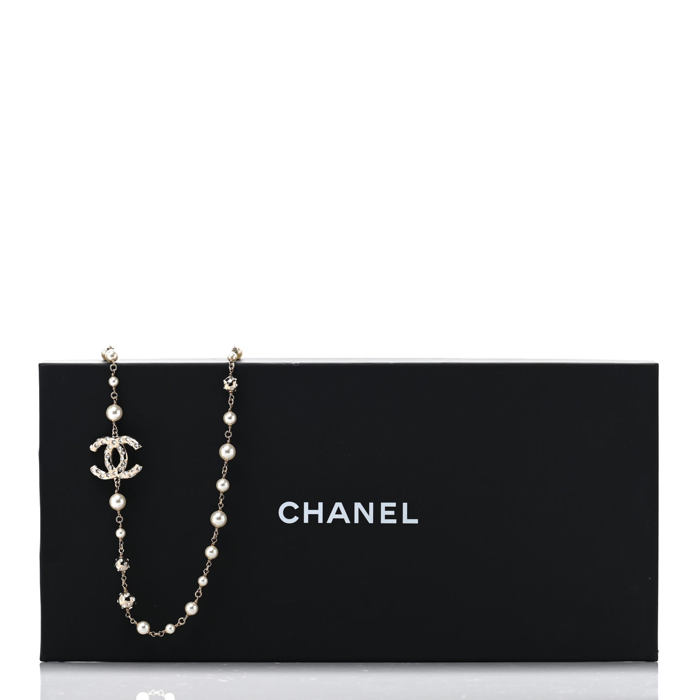 Pearl Crystal CC Long Necklace Gold Pearly White