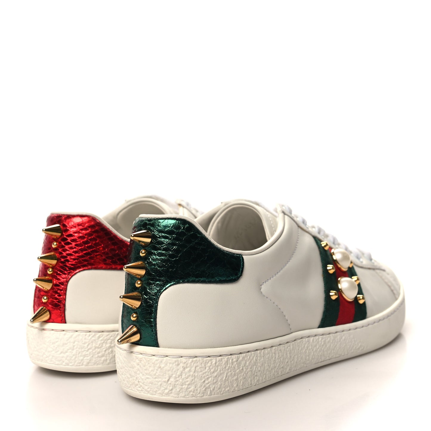 Calfskin Web Pearl Studded Womens Ace Sneakers 35.5 White