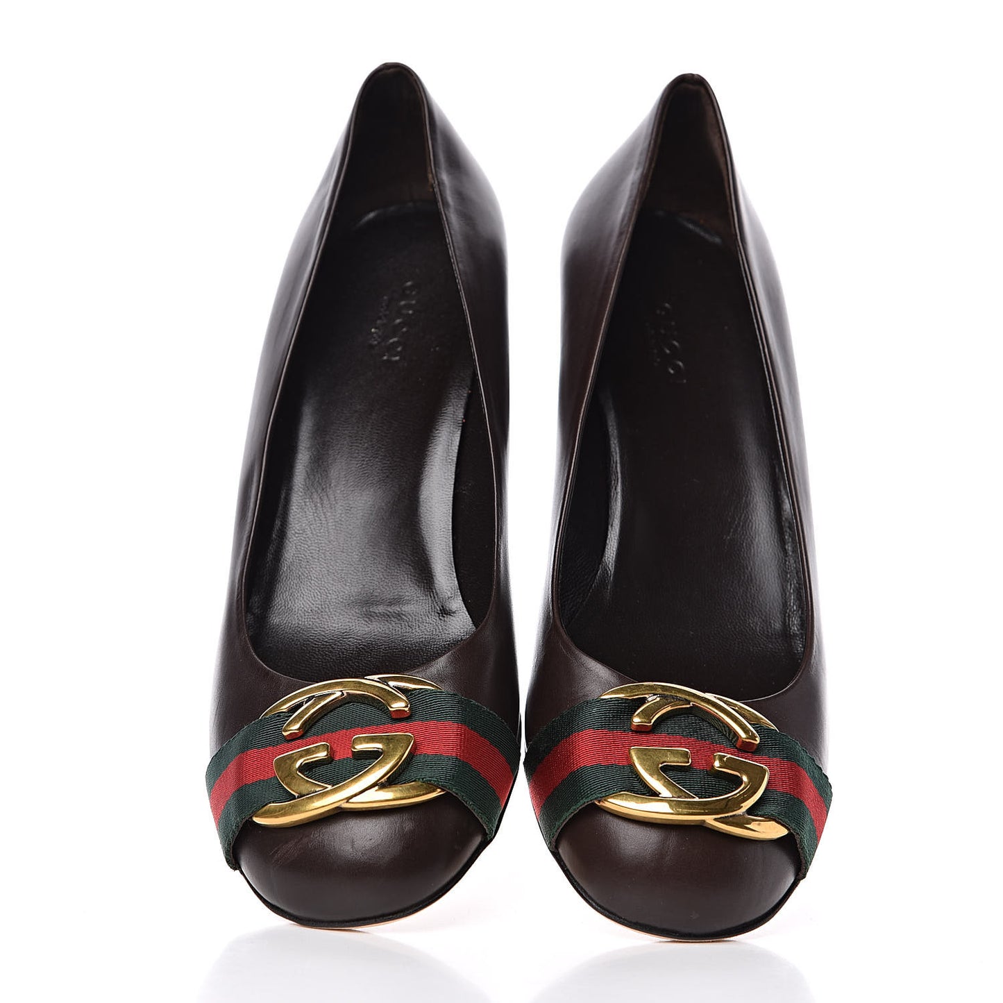 Calfskin Interlocking GG Web Mid Heel Pumps 38 Dark Cocoa