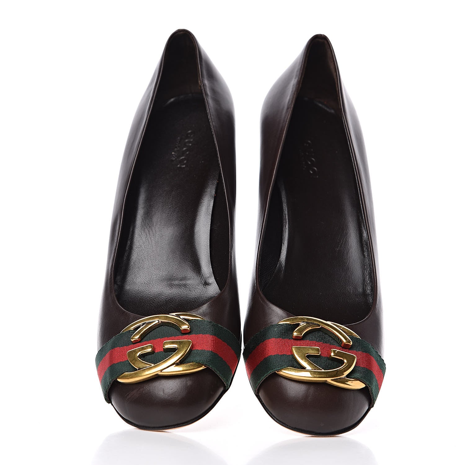 Gucci Calfskin Interlocking GG Web Mid Heel Pumps 38 Dark Cocoa 5 of 10