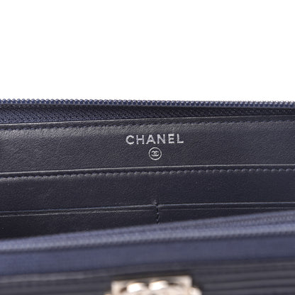 Chanel Lambskin Chevron Quilted Zip Around Boy Wallet Navy Blue 6 of 9
