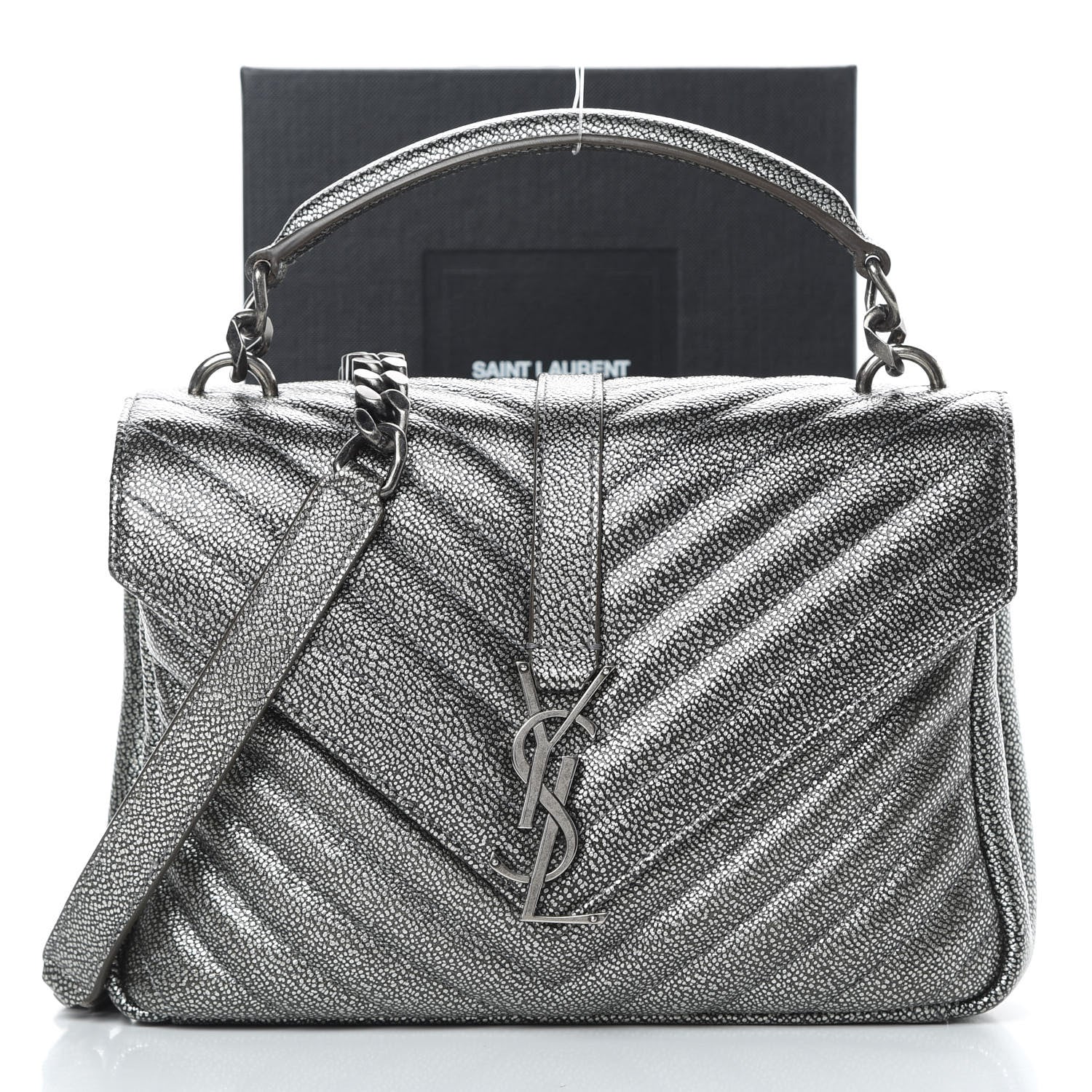 Saint Laurent Metallic Grain De Poudre Matelasse Chevron Monogram Medium College Bag Gunmetal 12 of 12