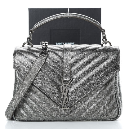 Saint Laurent Metallic Grain De Poudre Matelasse Chevron Monogram Medium College Bag Gunmetal 12 of 12