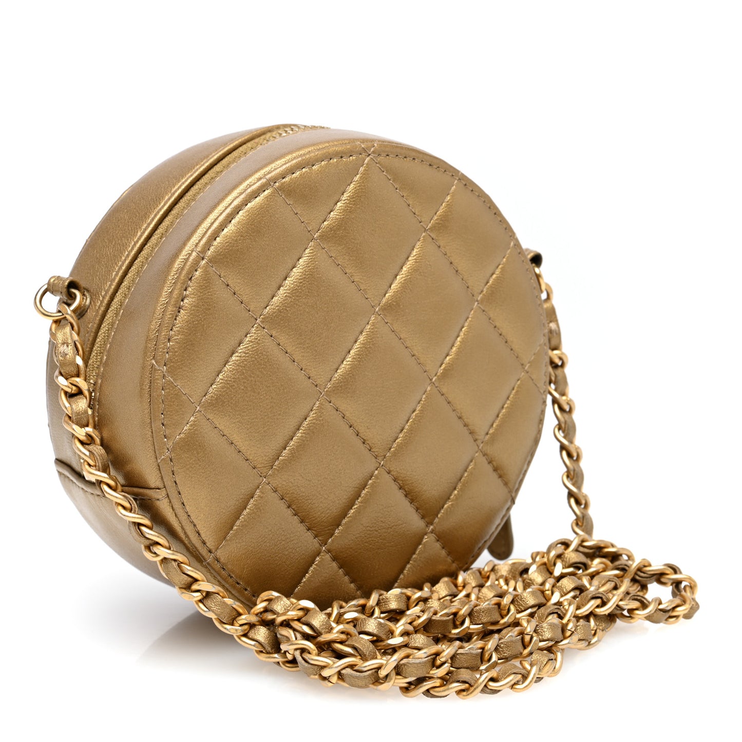 Metallic Lambskin Quilted Egyptian Amulet Round Clutch With Chain Gold