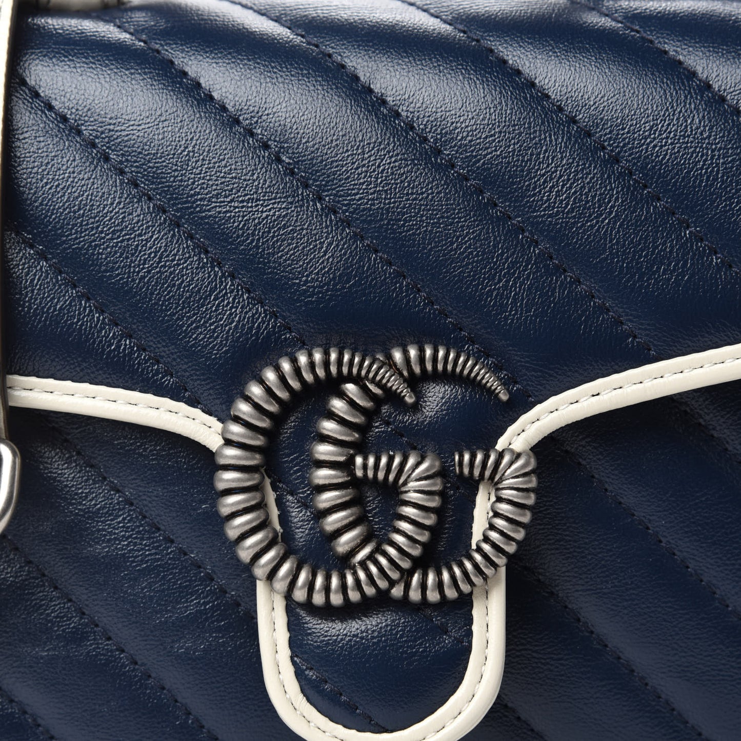 Vintage Effect Calfskin Matelasse Diagonal Mini Torchon GG Marmont Top Handle Shoulder Bag Blue Agata Mystic White