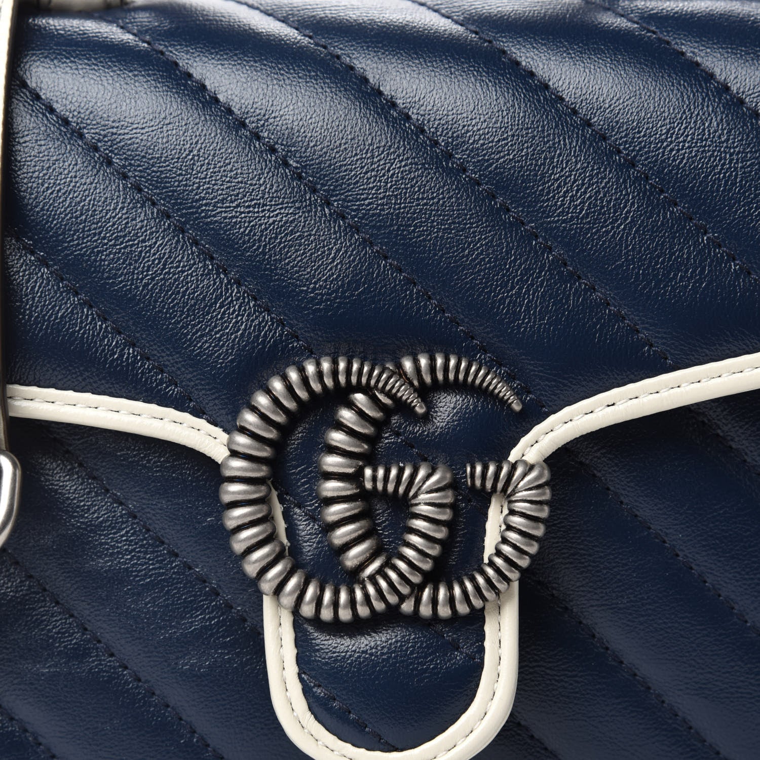 Gucci Vintage Effect Calfskin Matelasse Diagonal Mini Torchon GG Marmont Top Handle Shoulder Bag Blue Agata Mystic White 10 of 10