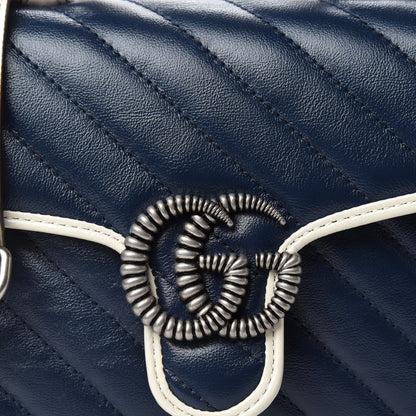 Gucci Vintage Effect Calfskin Matelasse Diagonal Mini Torchon GG Marmont Top Handle Shoulder Bag Blue Agata Mystic White 10 of 10