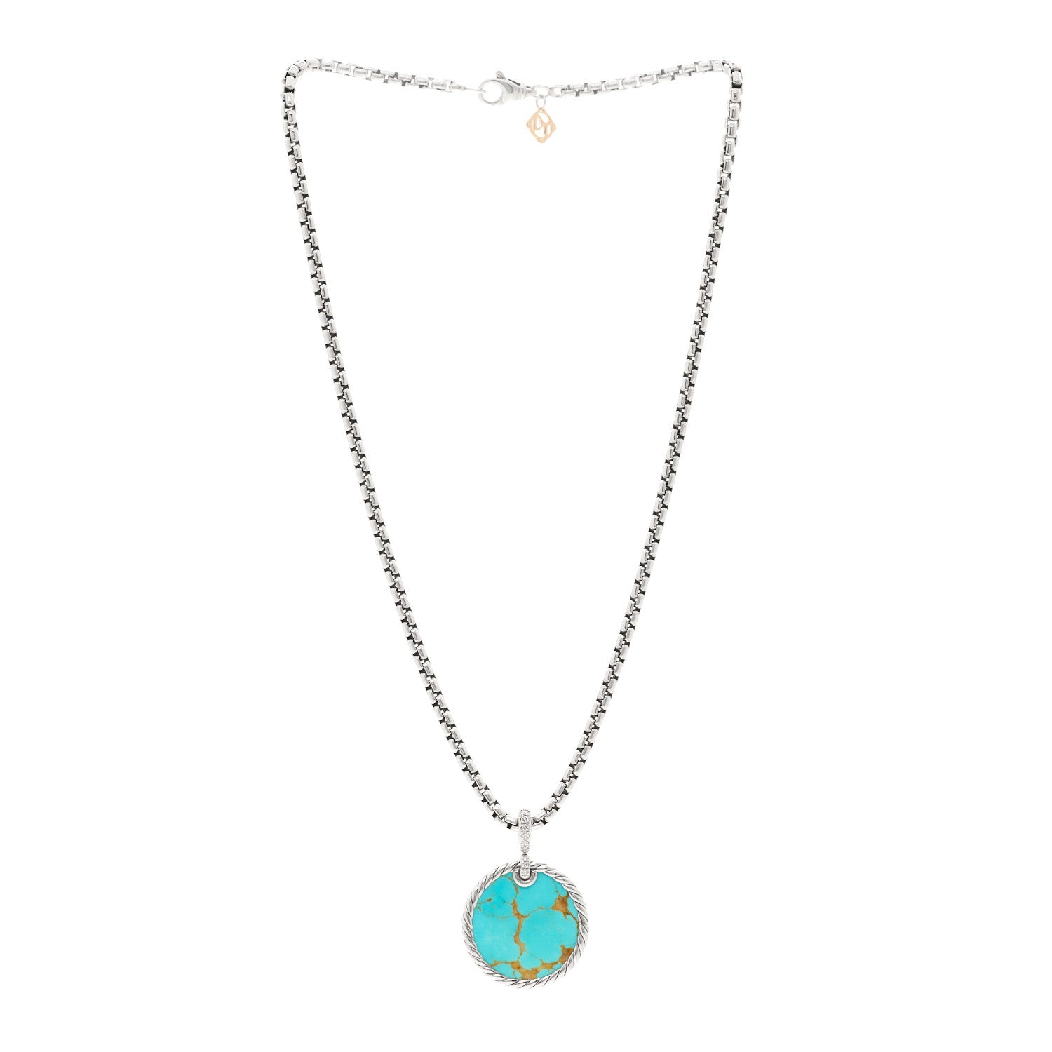 David Yurman Sterling Silver Diamond Mother of Pearl Turquoise 24mm DY Elements Reversible Pendant Box Chain Necklace 3 of 4