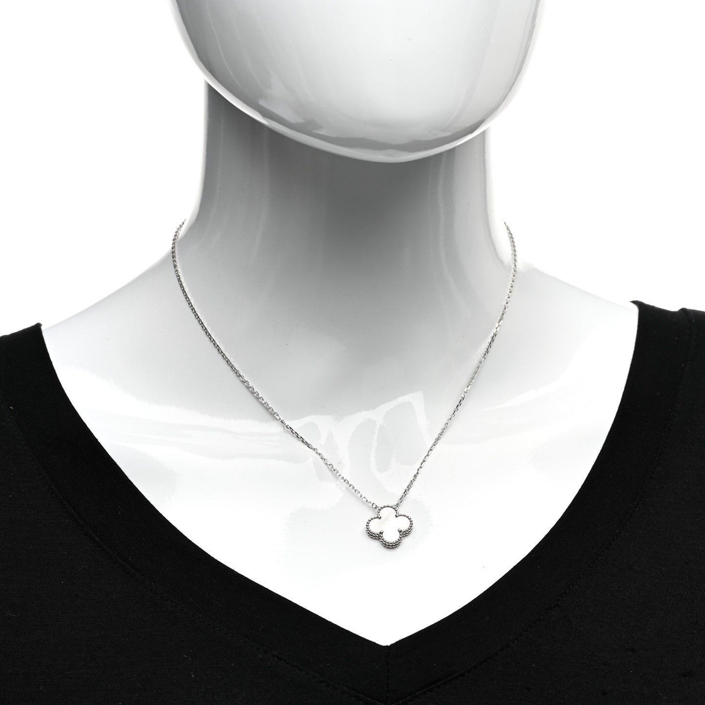 18K White Gold Mother of Pearl Vintage Alhambra Pendant Necklace