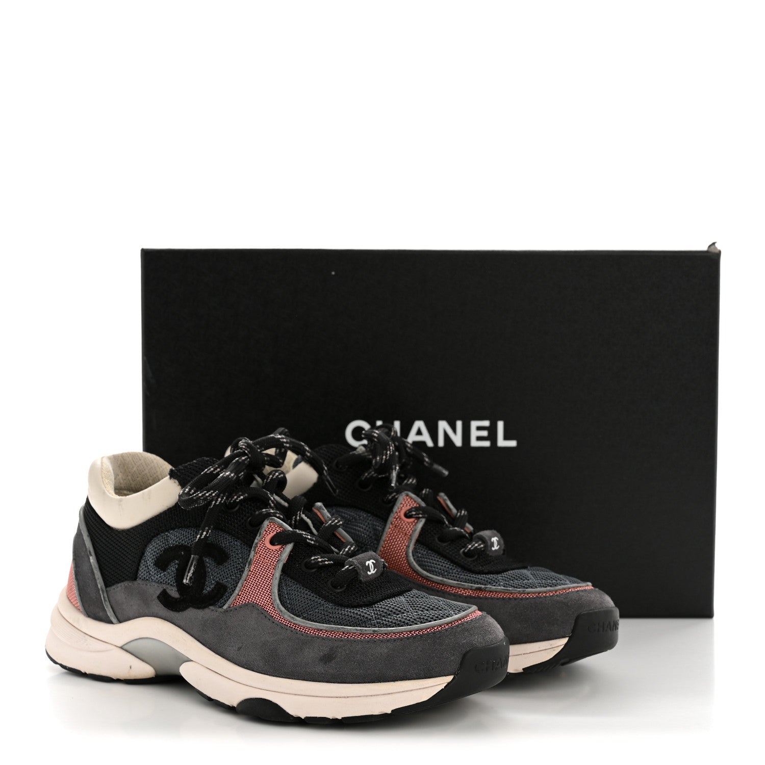Chanel Fabric Calfskin Suede Womens CC Sneakers 36.5 Grey Pink