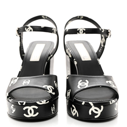 Chanel Printed Lambskin CC Platform Sandals 40 Black White 2 of 9