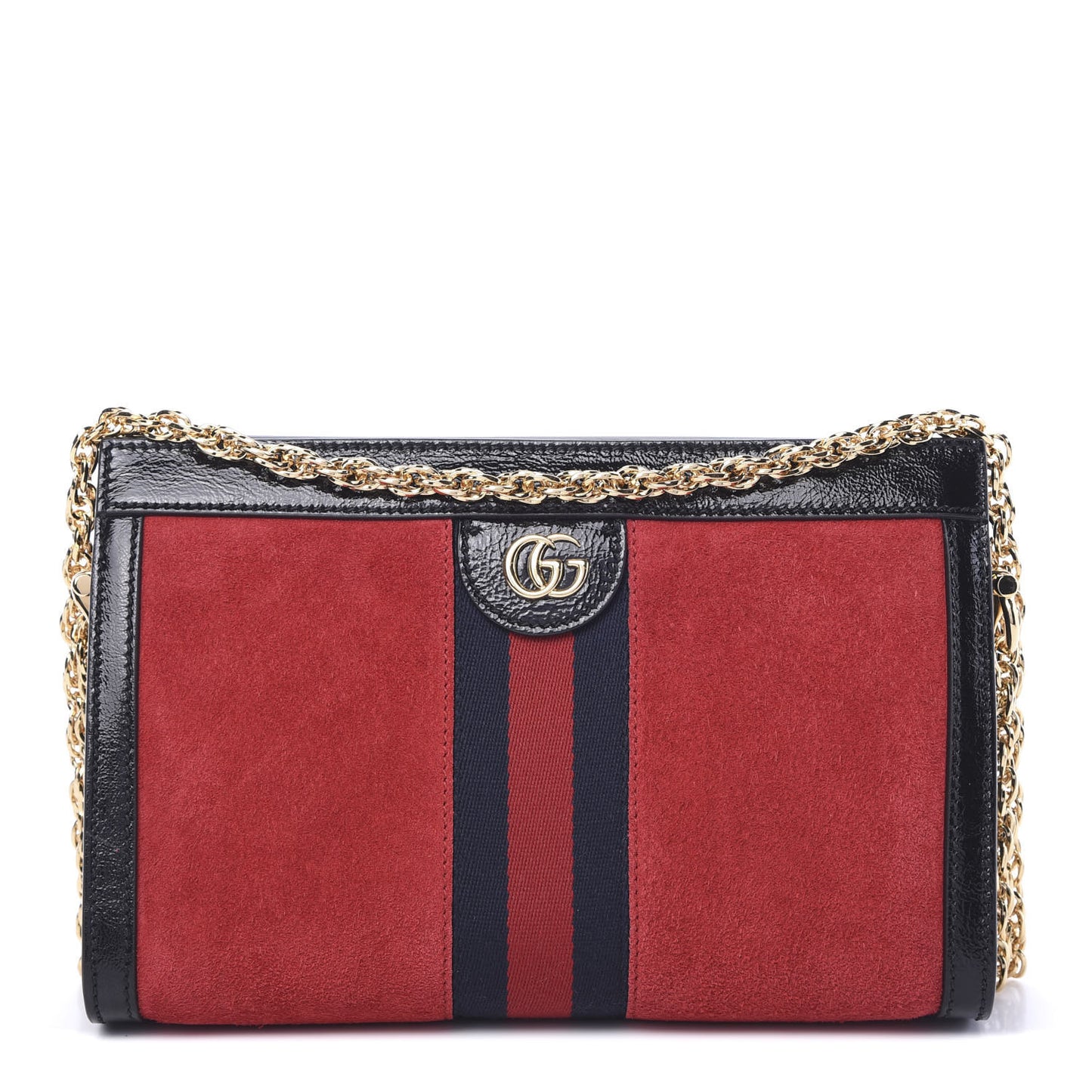 Suede Patent Web Small Ophidia Chain Shoulder Bag Hibiscus Red Black