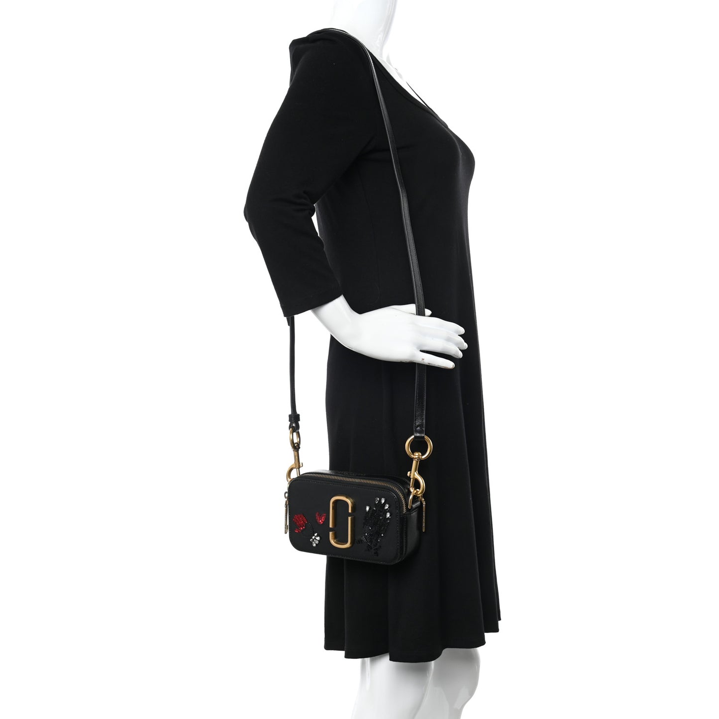 Saffiano Sequin Crystal Embellished Small Snapshot Camera Bag Black