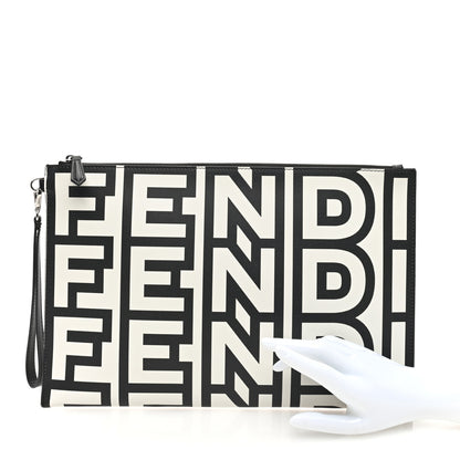 Fendi X MARC JACOBS Vitello King Logo Print Large Flat Pouch Black White 2 of 6