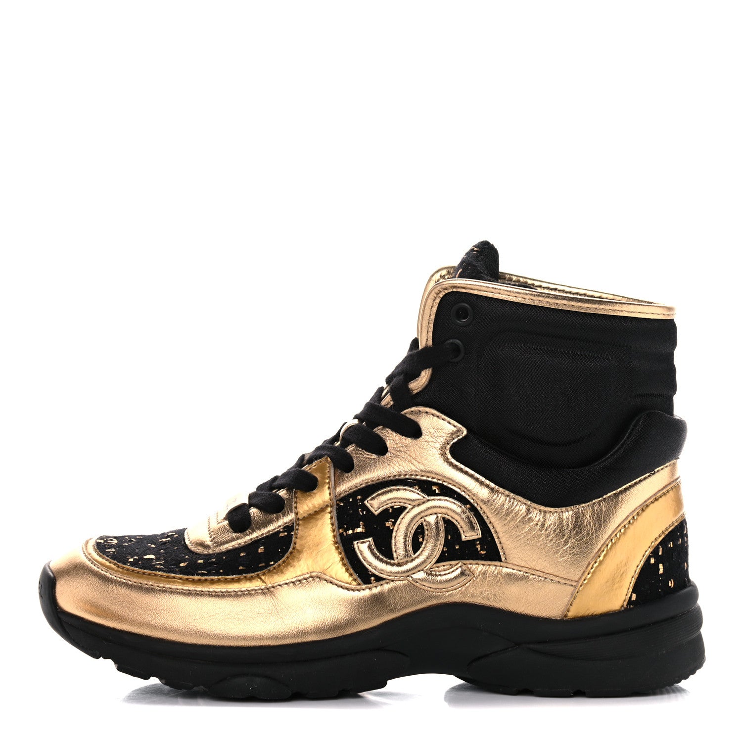 Chanel Satin Lambskin Fabric Tweed CC High Top Sneakers 37.5 Black Gold 1 of 10