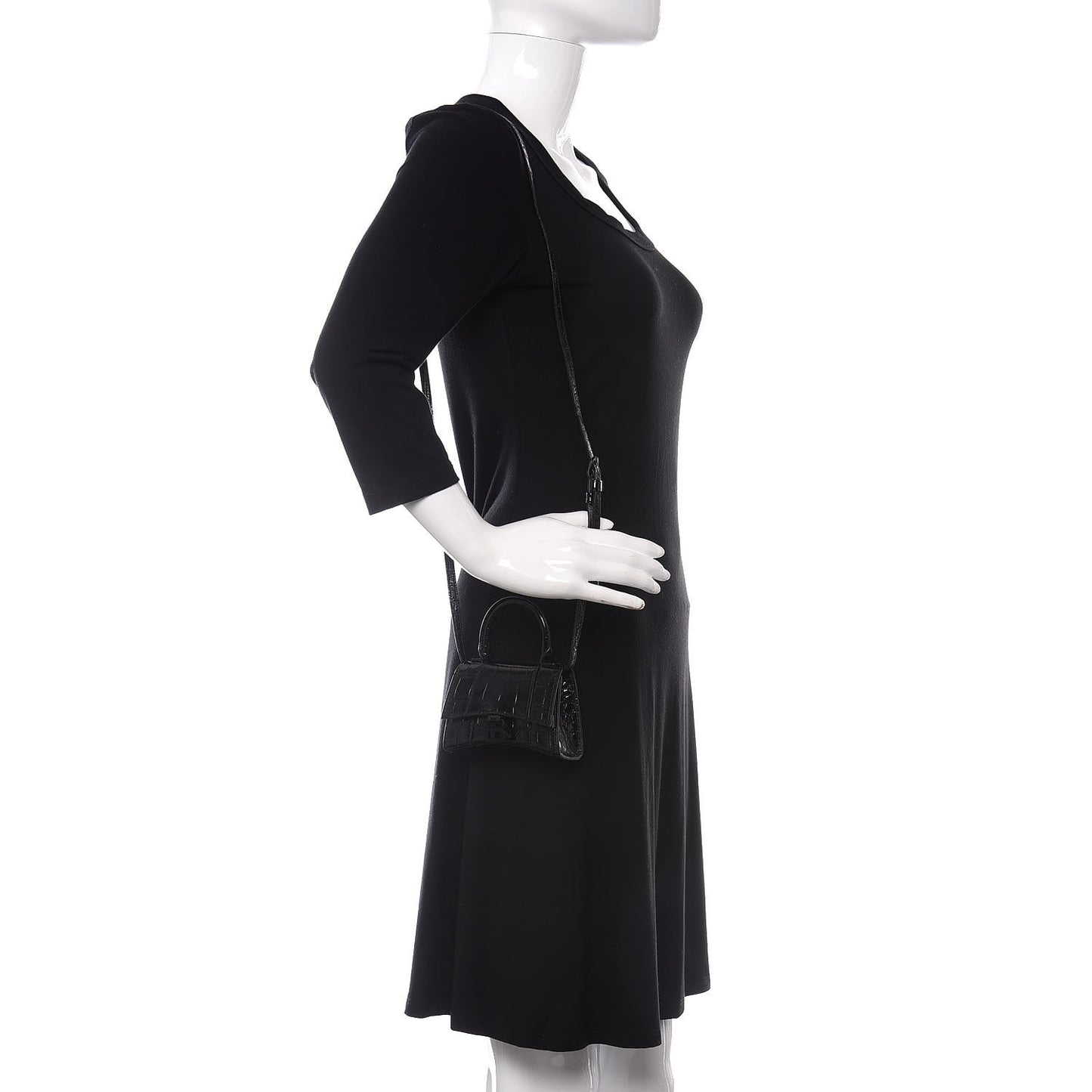 Shiny Calfskin Monochrome Crocodile Embossed Hourglass Top Handle Bag Mini Black