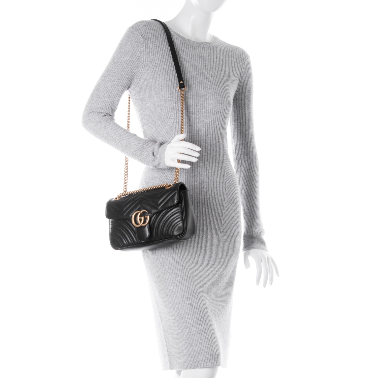Gucci Calfskin Matelasse Small GG Marmont Shoulder Bag Black 2 of 7