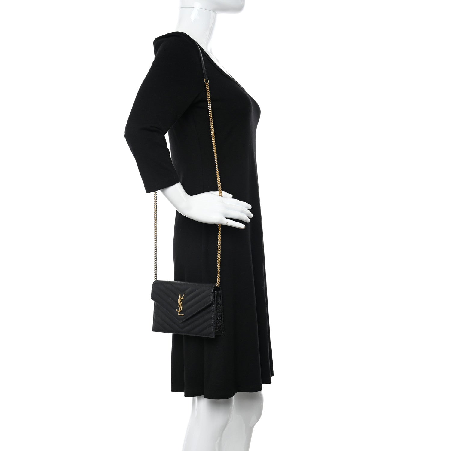 Saint Laurent Grain De Poudre Matelasse Chevron Monogram Envelope Chain Wallet Black 2 of 12
