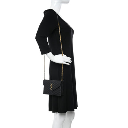 Saint Laurent Grain De Poudre Matelasse Chevron Monogram Envelope Chain Wallet Black 2 of 12