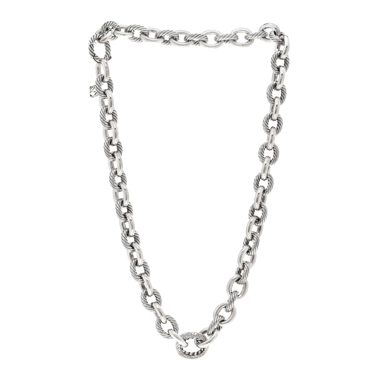 Sterling Silver Diamond Pave 15mm Large Oval Link Necklace