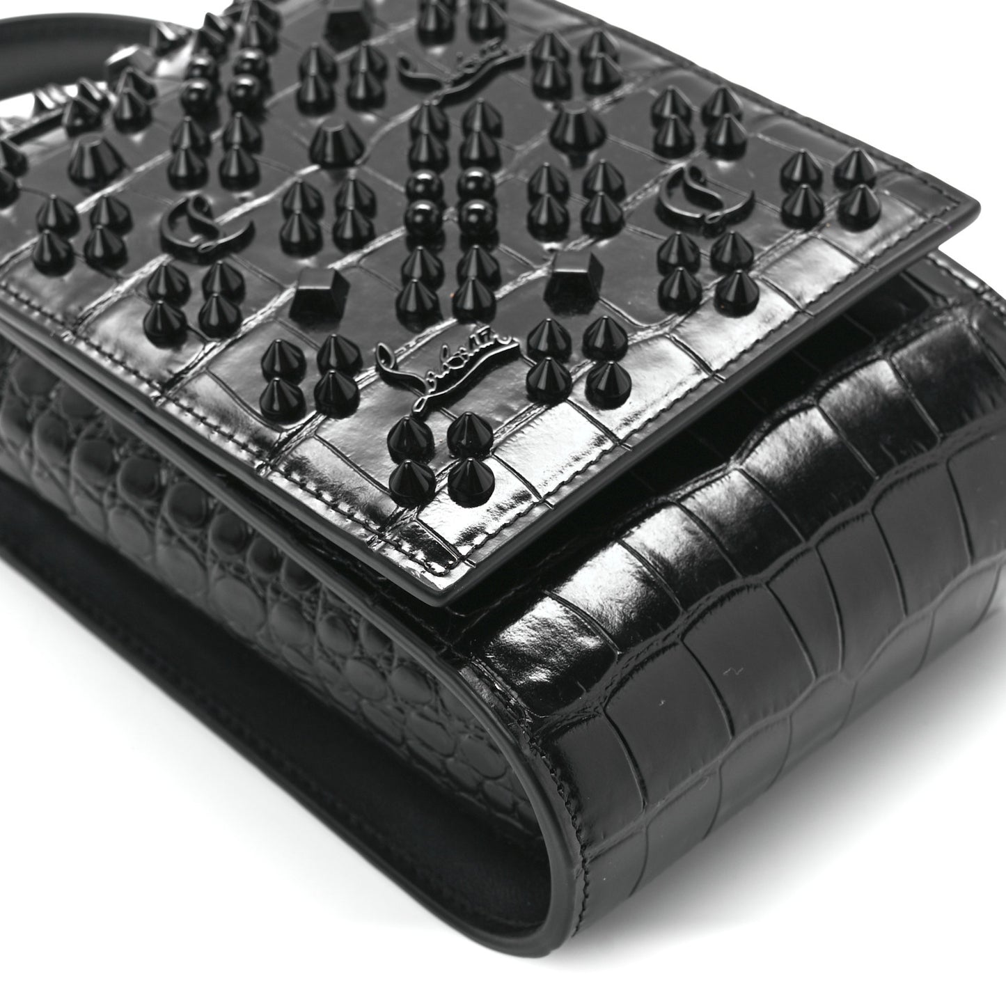 Crocodile Embossed Calfskin Spikes Loubinthesky Paloma Crossbody Phone Case Black