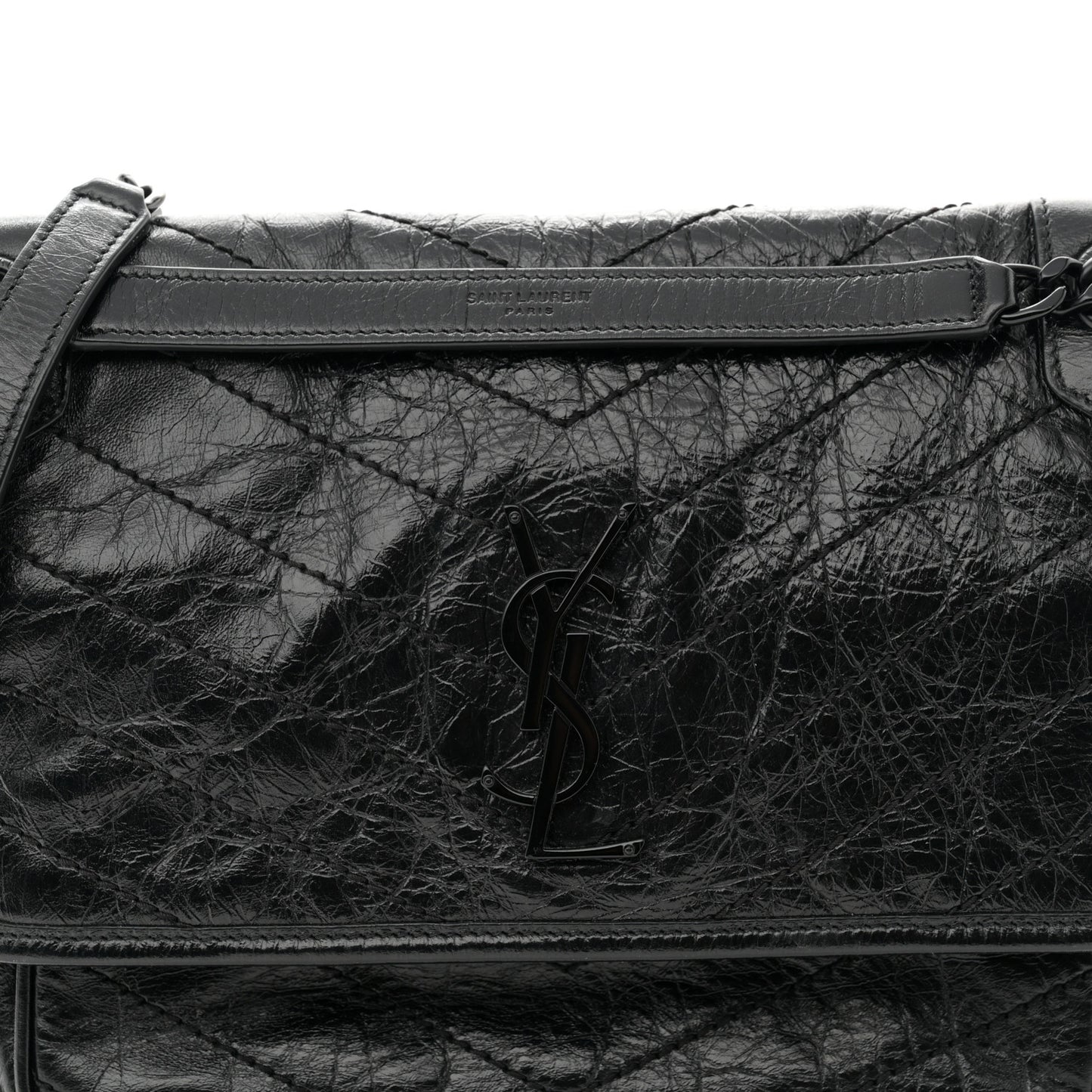 Crinkled Calfskin Matelasse Monogram Large Niki Chain Satchel Black