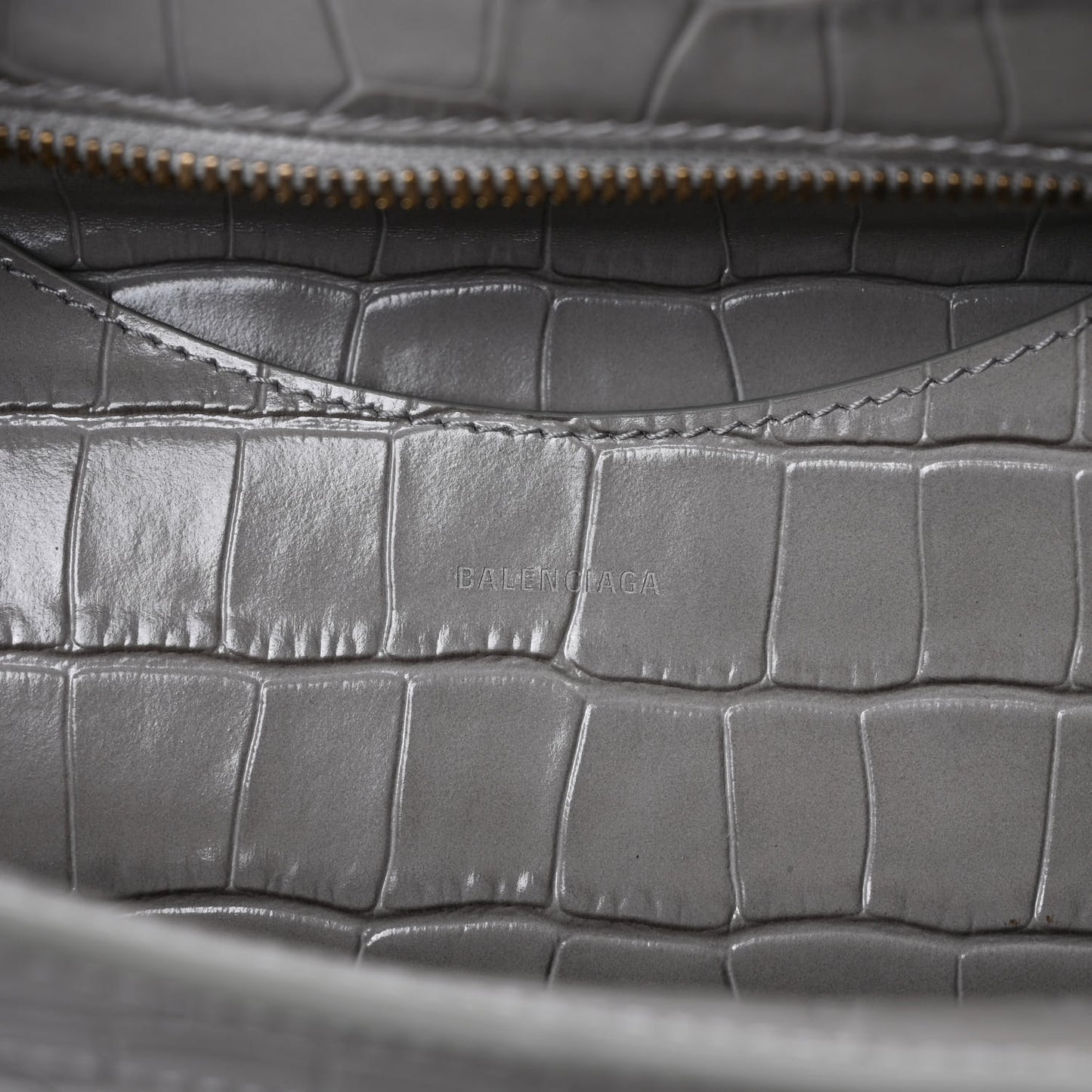 Shiny Supple Calfskin Crocodile Embossed Brass Hardware Neo Classic City Steel Grey