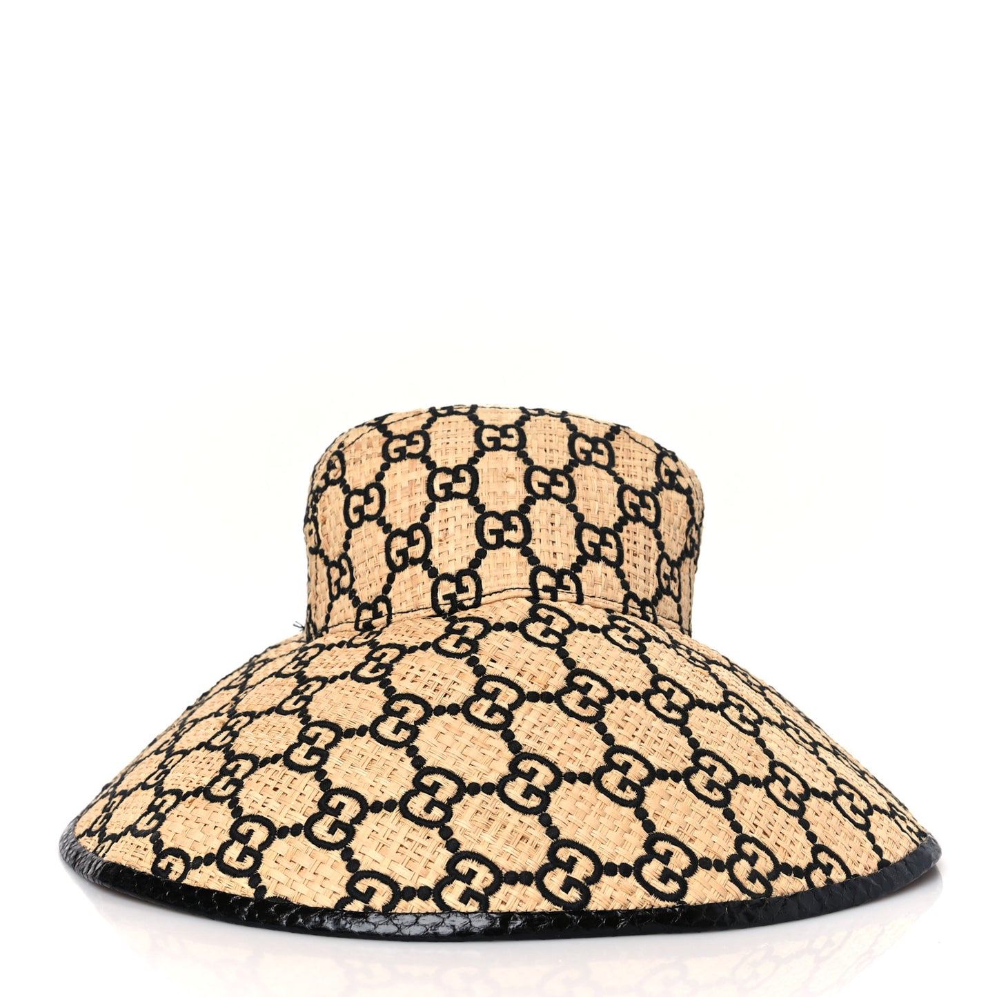 Raffia Elaphe GG Monogram Embroidered Wide Brim Hat Medium Ivory Black
