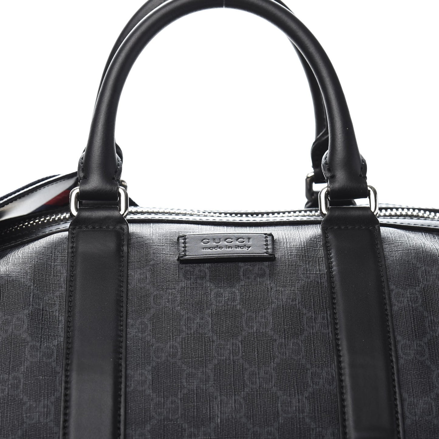 Soft GG Supreme Monogram Appia Calfskin Web Large Carry On Duffle Bag Black Grey