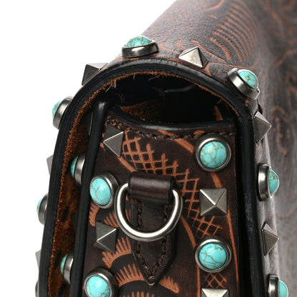Valentino Garavani Calfskin Embossed Medium Guitar Strap Rockstud Rolling Flap Saddle Bag Brown 13 of 17