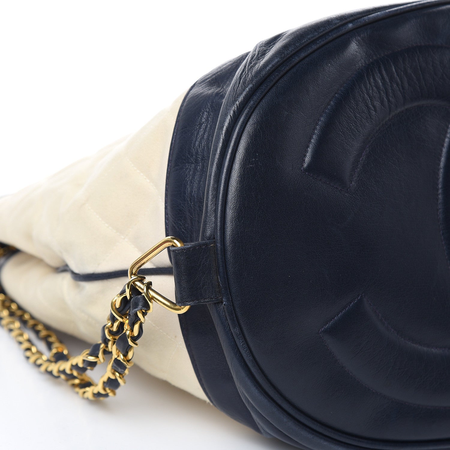 Chanel Lambskin Canvas Quilted CC Drawstring Shoulder Bag Beige Navy 8 of 15