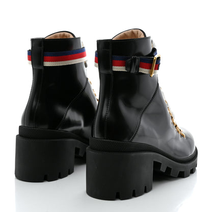 Gucci Calfskin Sylvie Web Womens Lace Up Combat Boots 38.5 Black 4 of 9