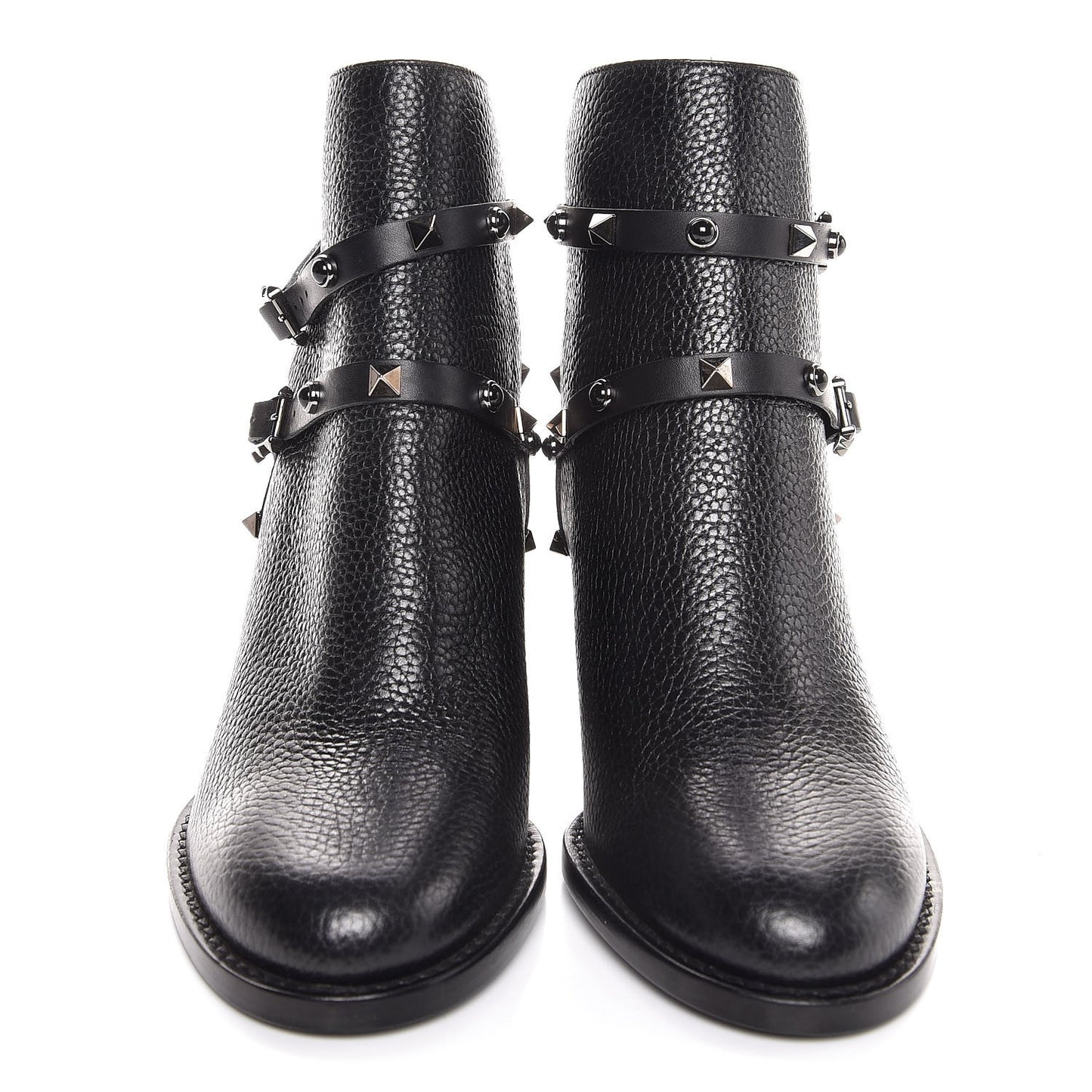 Pebbled Calfskin Onyx Rockstud Rolling Double Buckle 70mm Block Heel Ankle Boots 37.5 Black
