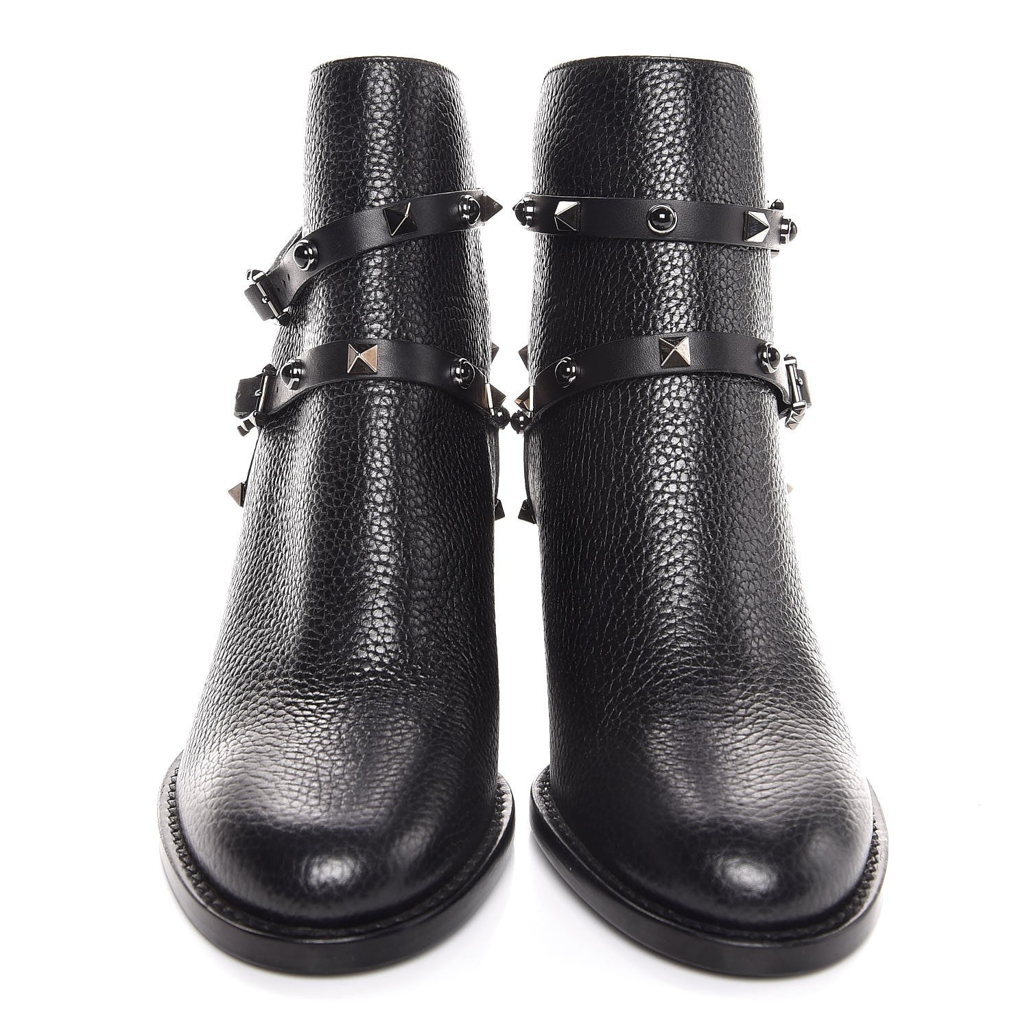Valentino Garavani Pebbled Calfskin Onyx Rockstud Rolling Double Buckle 70mm Block Heel Ankle Boots 37.5 Black 2 of 7