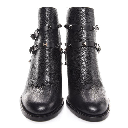 Valentino Garavani Pebbled Calfskin Onyx Rockstud Rolling Double Buckle 70mm Block Heel Ankle Boots 37.5 Black 2 of 7