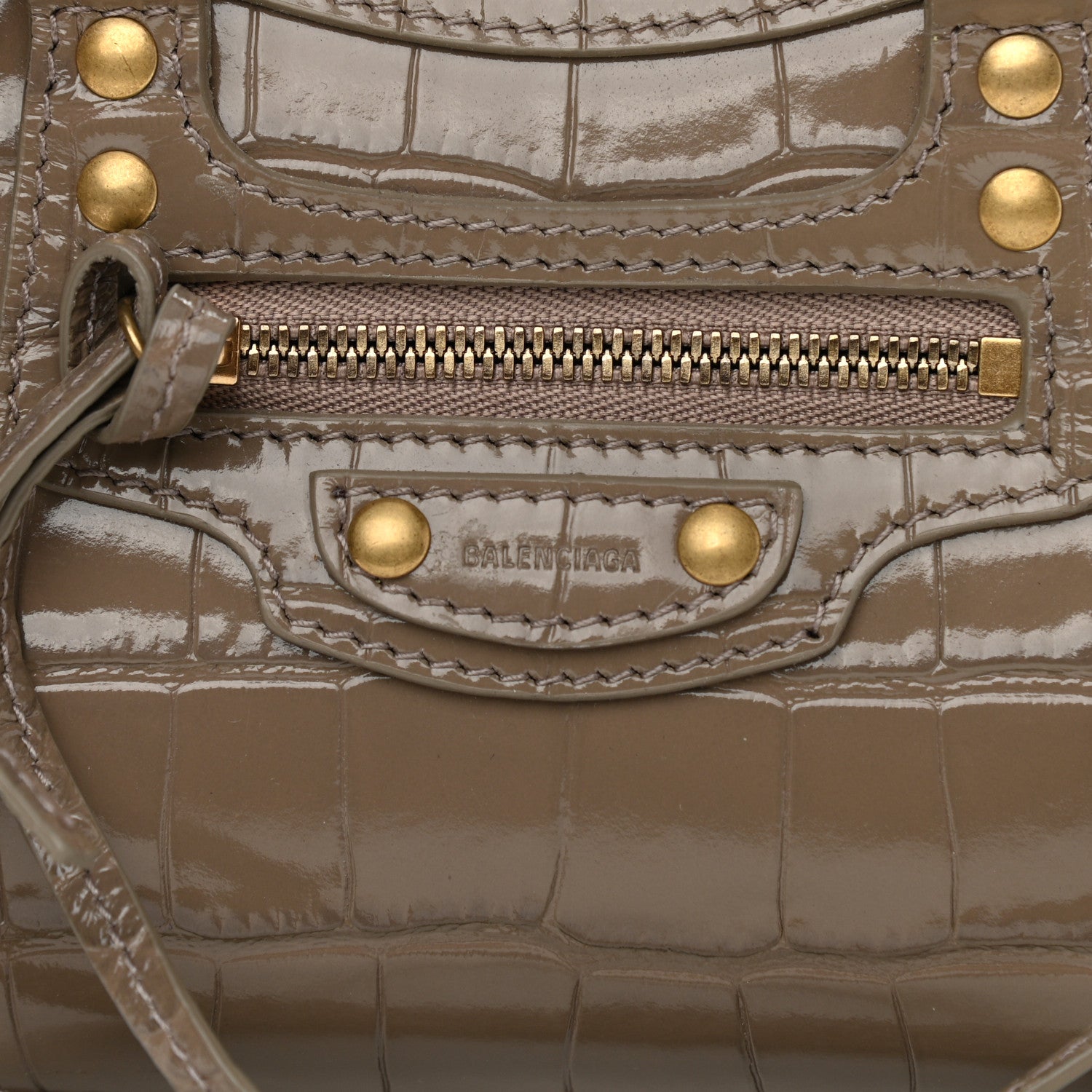 Balenciaga Shiny Supple Calfskin Crocodile Embossed Neo Classic Gold Hardware Nano City Crossbody Mink Grey 7 of 9