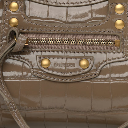 Balenciaga Shiny Supple Calfskin Crocodile Embossed Neo Classic Gold Hardware Nano City Crossbody Mink Grey 7 of 9