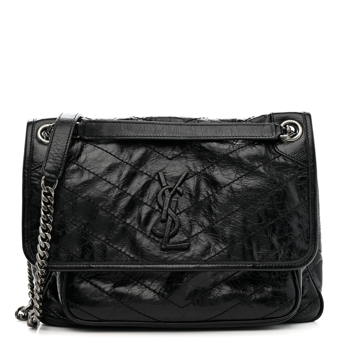 Crinkled Calfskin Matelasse Monogram Medium Niki Chain Satchel Black